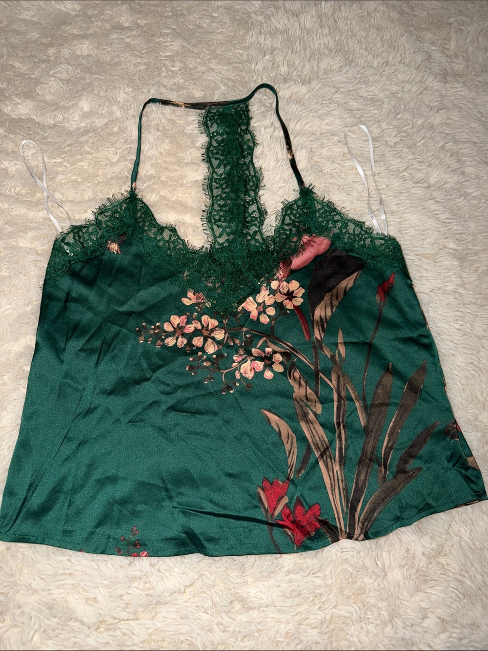 Lulus Green Lace-Trim Floral Satin Cami Top